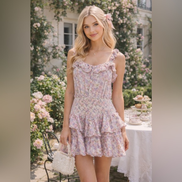 LoveShackFancy Dresses & Skirts - LoveShackFancy Floral Ruffle Mini Dress Size L Romantic Cottagecore